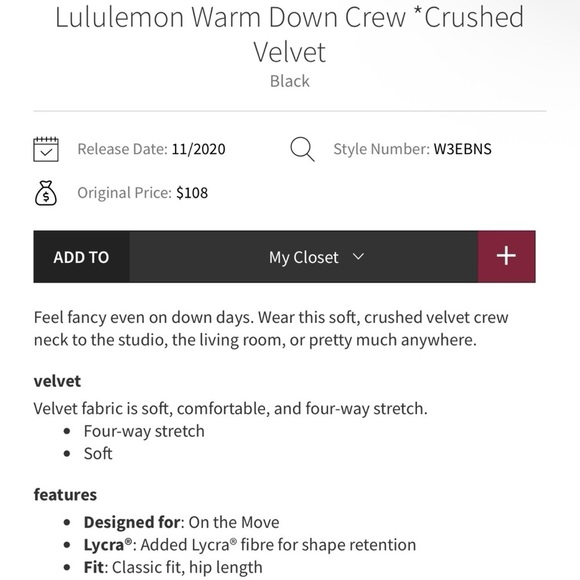 Lululemon Warm Down Crew *Crushed Velvet in Black - Picture 3 of 7